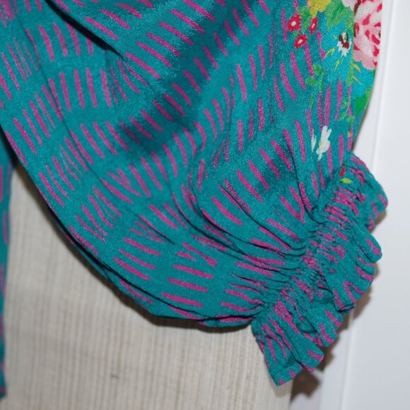 Anthropologie Bl-nk London Blouse Floral Teal Floral Long Sleeve Top Size:XL - Picture 6 of 7